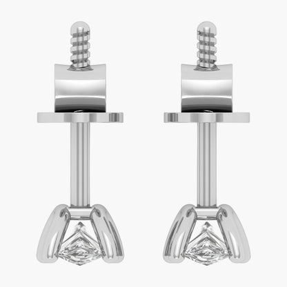 Pair of silver earrings with diamond-like stones on a white background