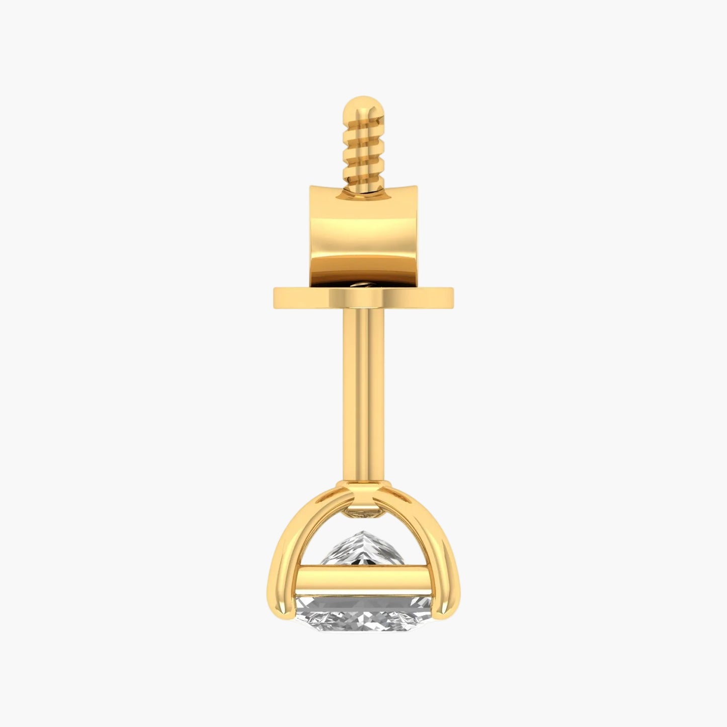 Gold earring with a clear gemstone on a white background