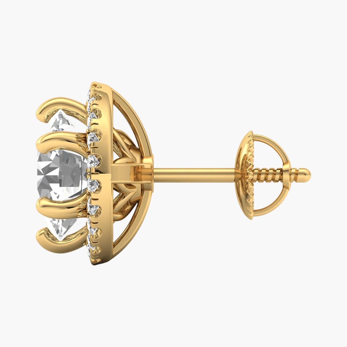 Gold earring with a clear gemstone on a white background