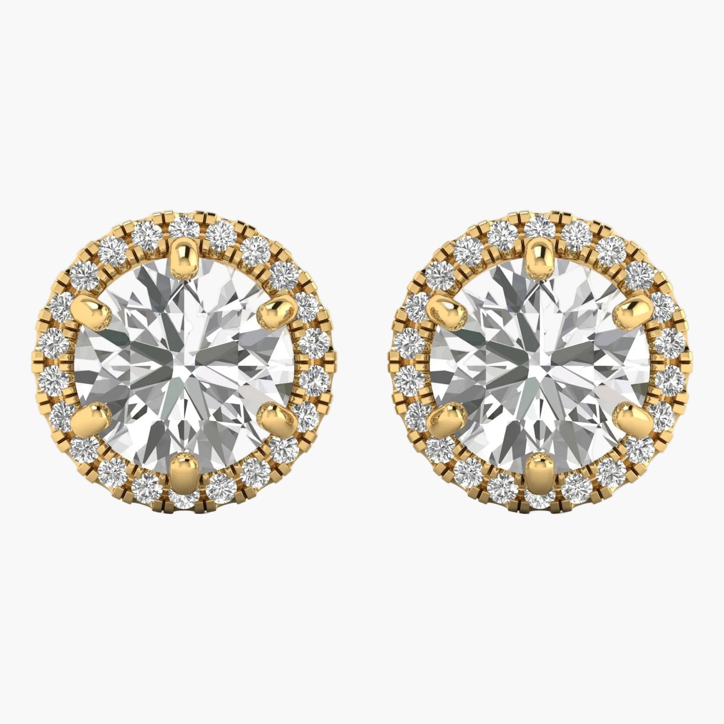 Gold and silver round earrings with clear gemstones on a white background
