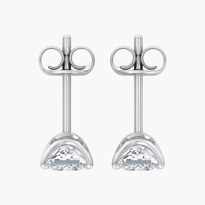 Pair of silver stud earrings with clear gemstones on a white background