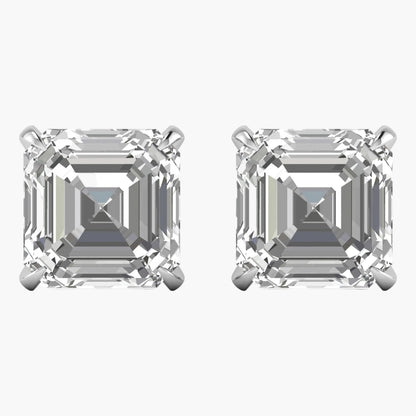 Pair of diamond stud earrings with asscher cut stones on a white background