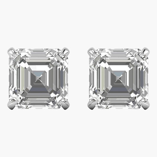 Pair of diamond stud earrings with asscher cut stones on a white background