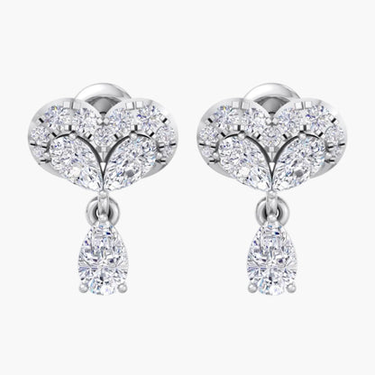 Heart-shaped earrings with diamond-like stones on a white background