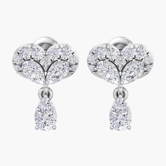 Heart-shaped earrings with diamond-like stones on a white background