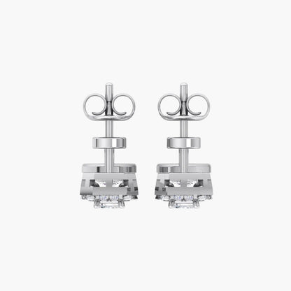 Pair of silver earrings with clear stones on a white background