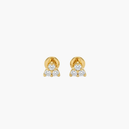 A pair of gold stud earrings with a triangular cluster of small clear gemstones, shown on a plain light gray background.