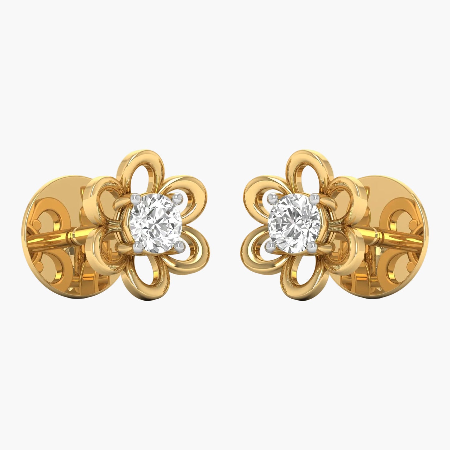 Gold earrings with diamond-like stones on a white background