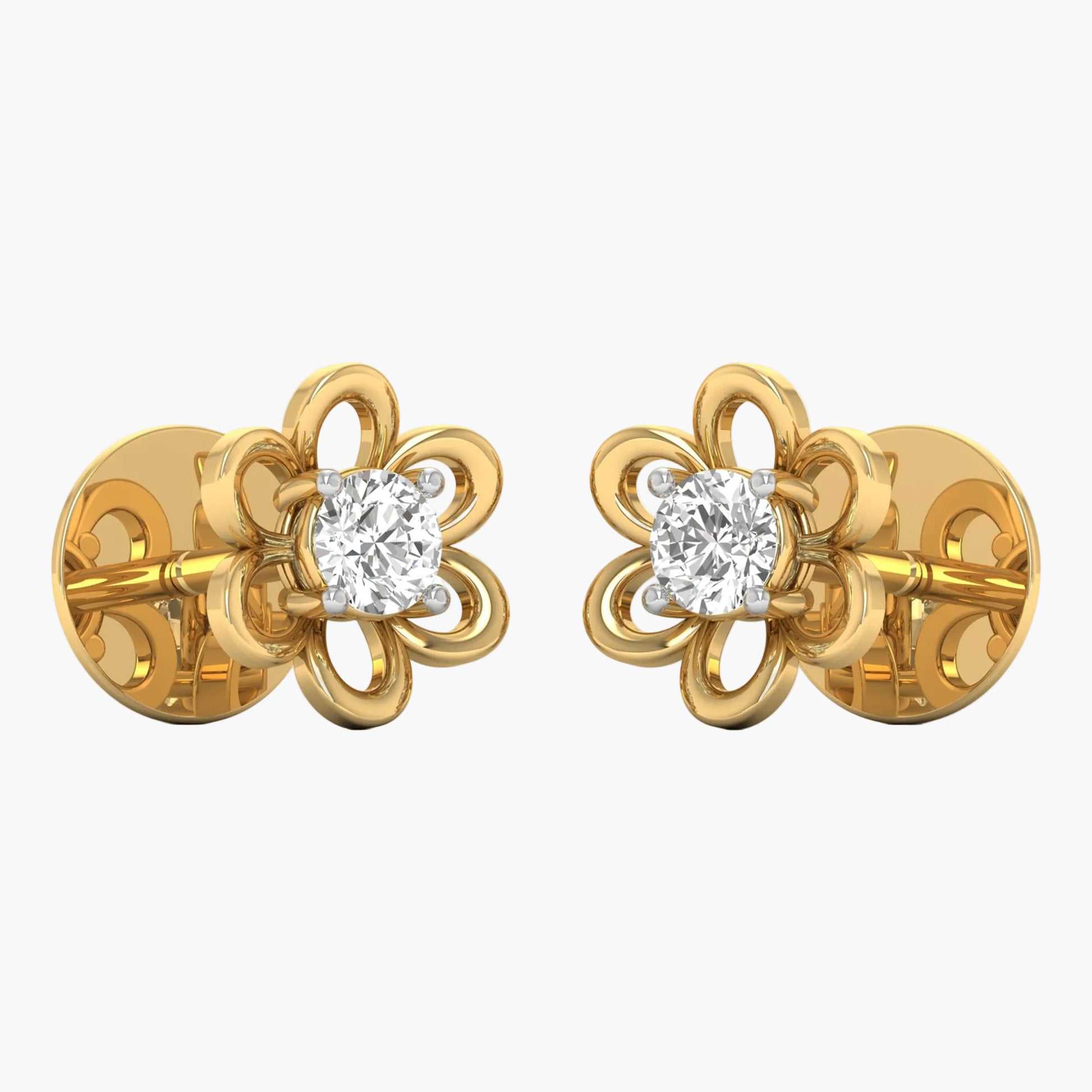 Gold earrings with diamond-like stones on a white background