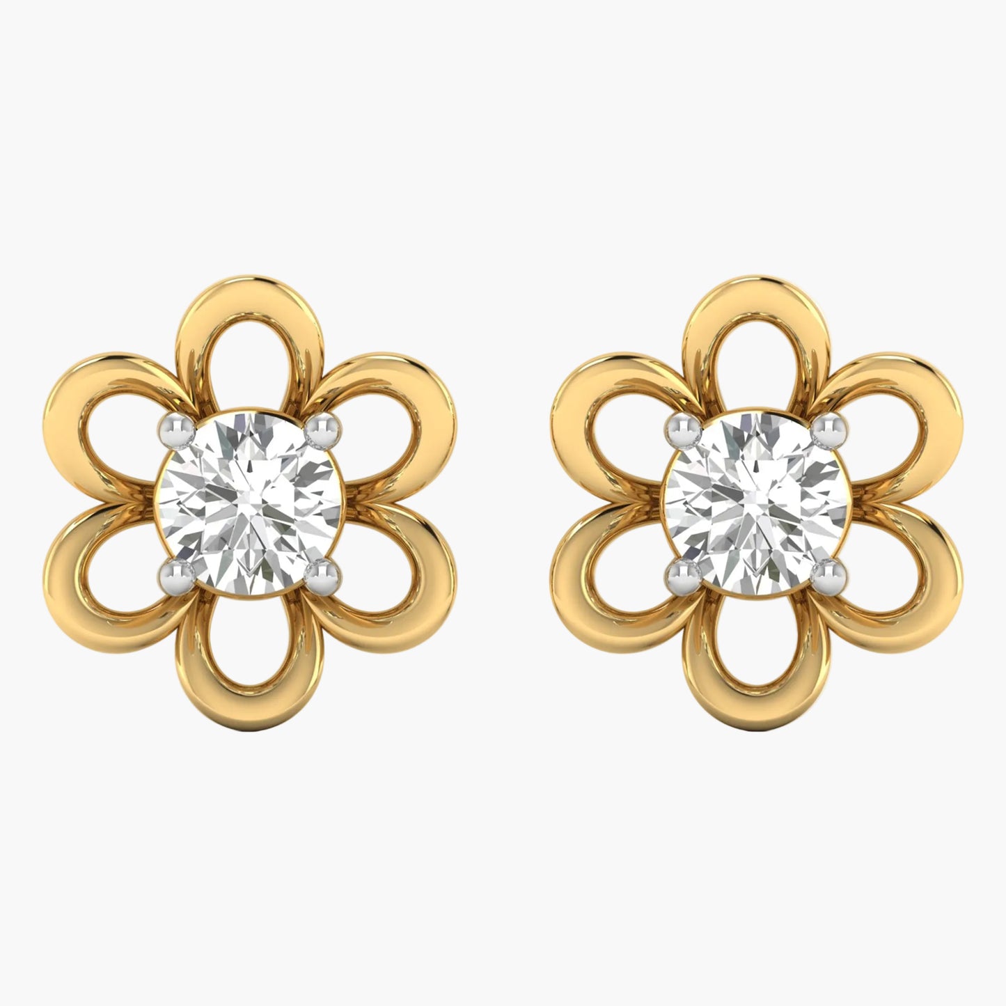 Gold flower-shaped earrings with clear gemstones on a white background