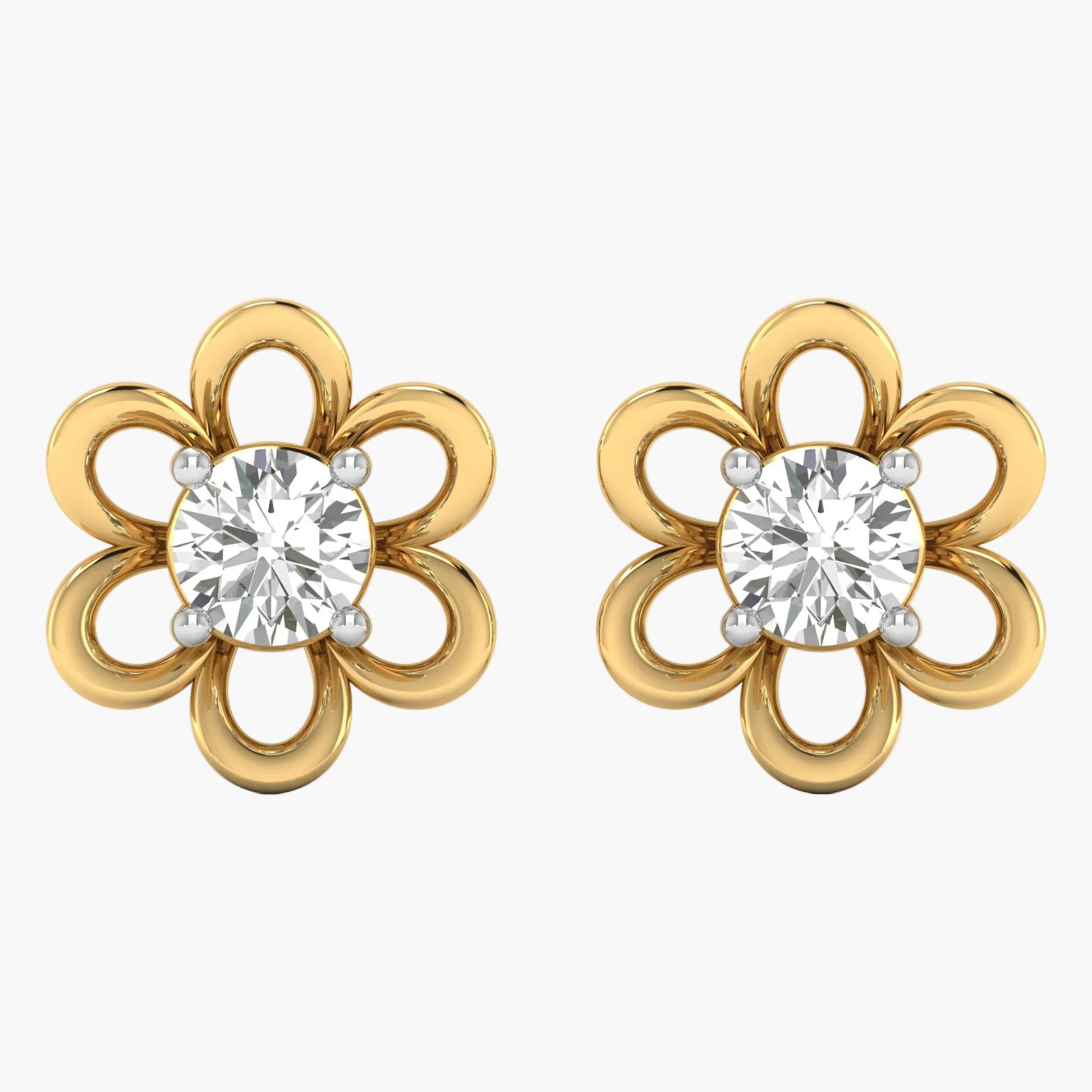 Gold flower-shaped earrings with clear gemstones on a white background