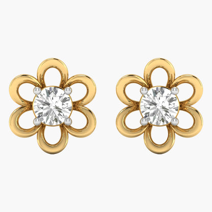 Gold flower-shaped earrings with clear gemstones on a white background