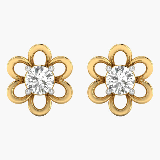 Gold flower-shaped earrings with clear gemstones on a white background