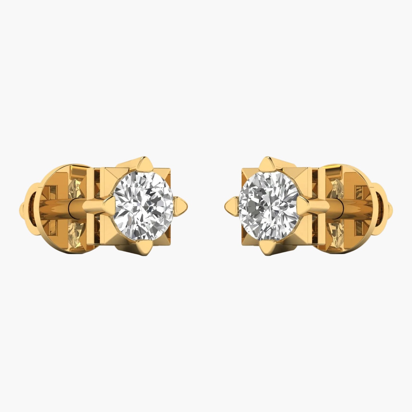 Gold earrings with clear gemstones on a white background
