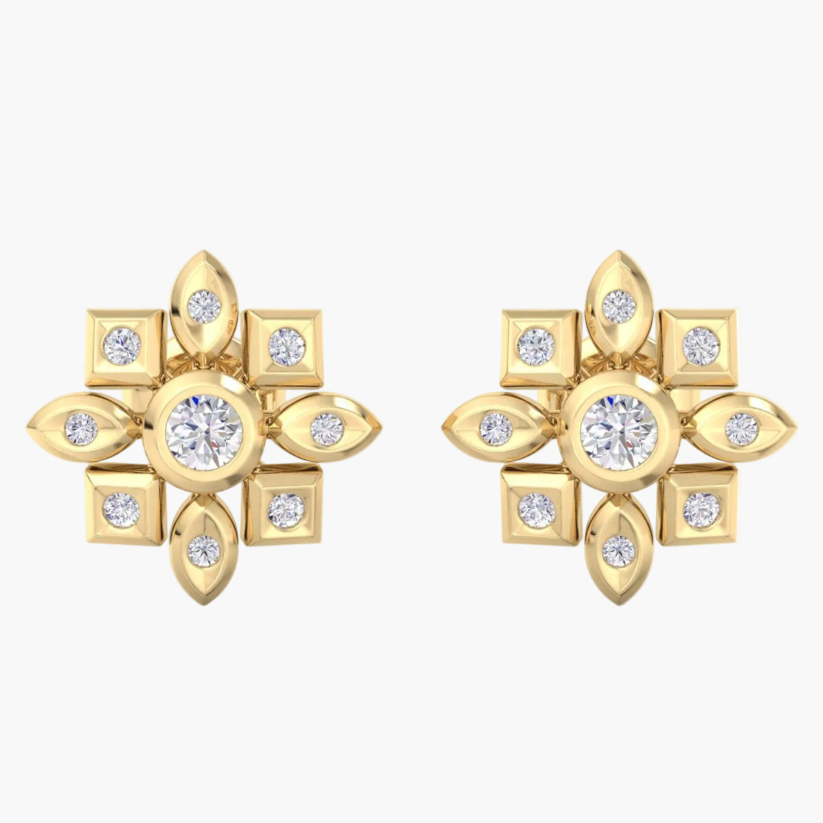 Gold earrings with diamond accents on a white background