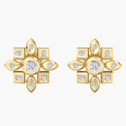 Gold earrings with diamond accents on a white background