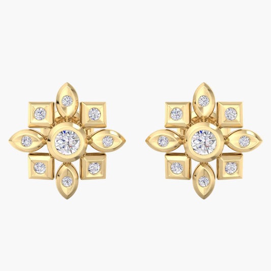 Gold earrings with diamond accents on a white background