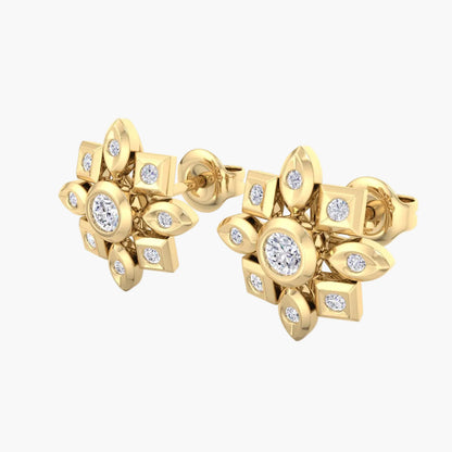 Gold earrings with diamond accents on a white background