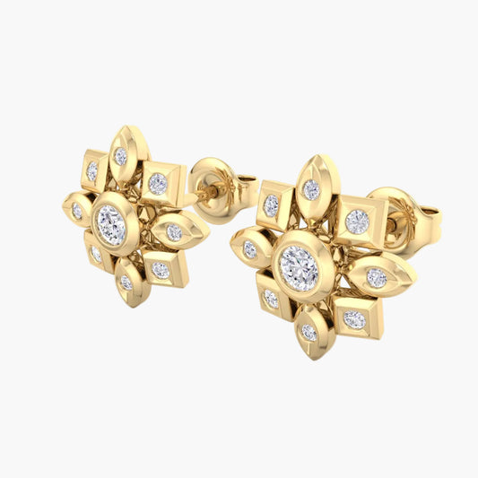 Gold earrings with diamond accents on a white background