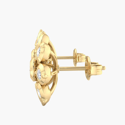 Gold floral earring with clear gemstones on a white background