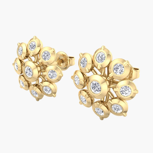 Gold earrings with diamond studs on a white background