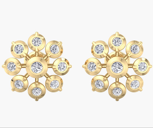 Gold earrings with diamond-like stones on a white background