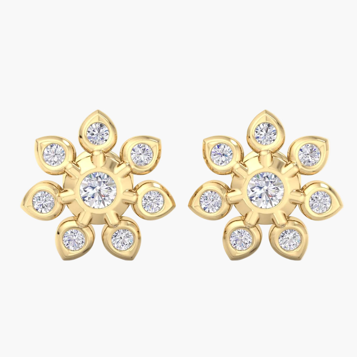 Gold earrings with diamond-like stones on a white background