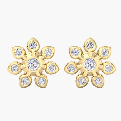 Gold earrings with diamond-like stones on a white background