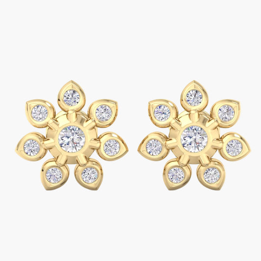 Gold earrings with diamond-like stones on a white background