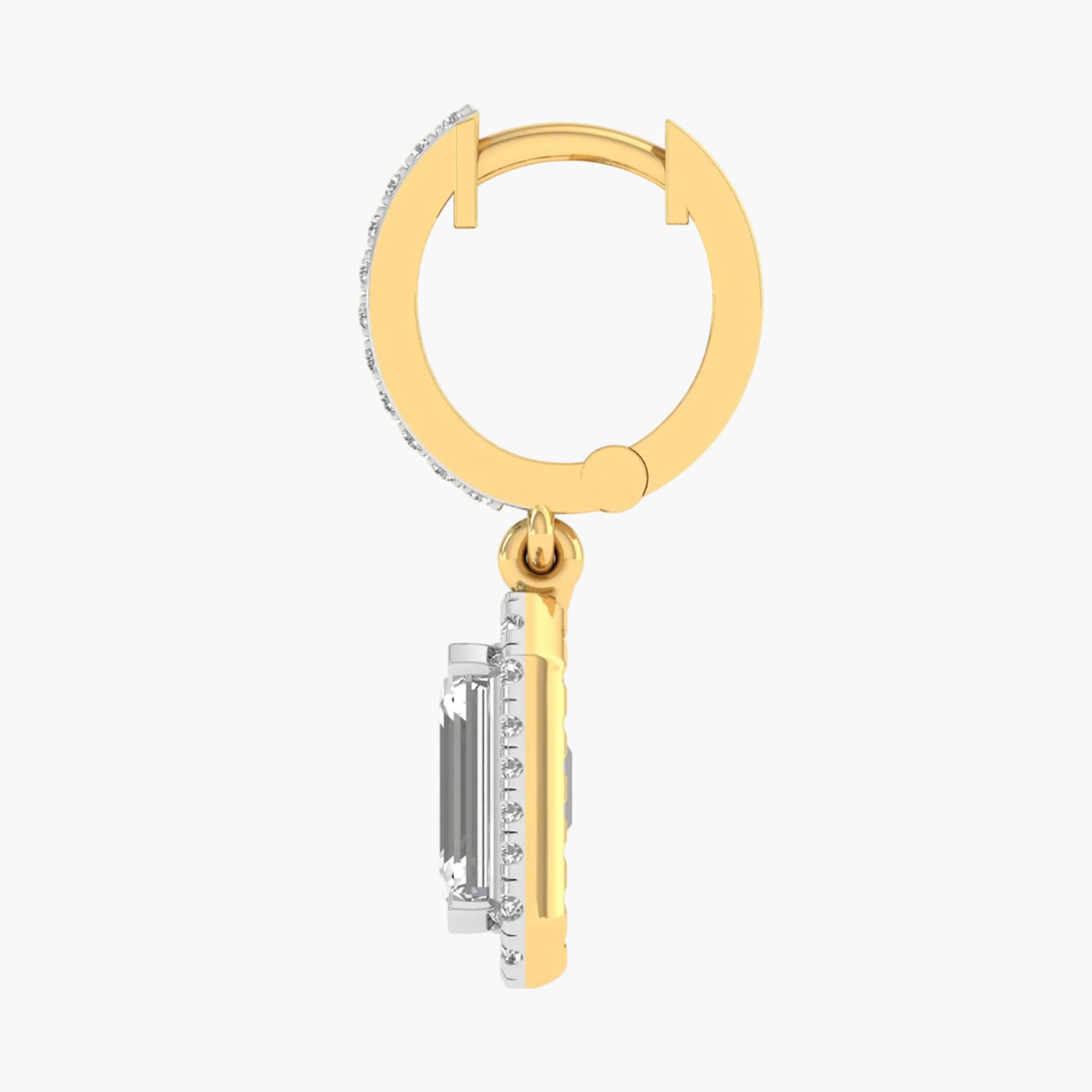 Gold earring with a central gemstone on a white background