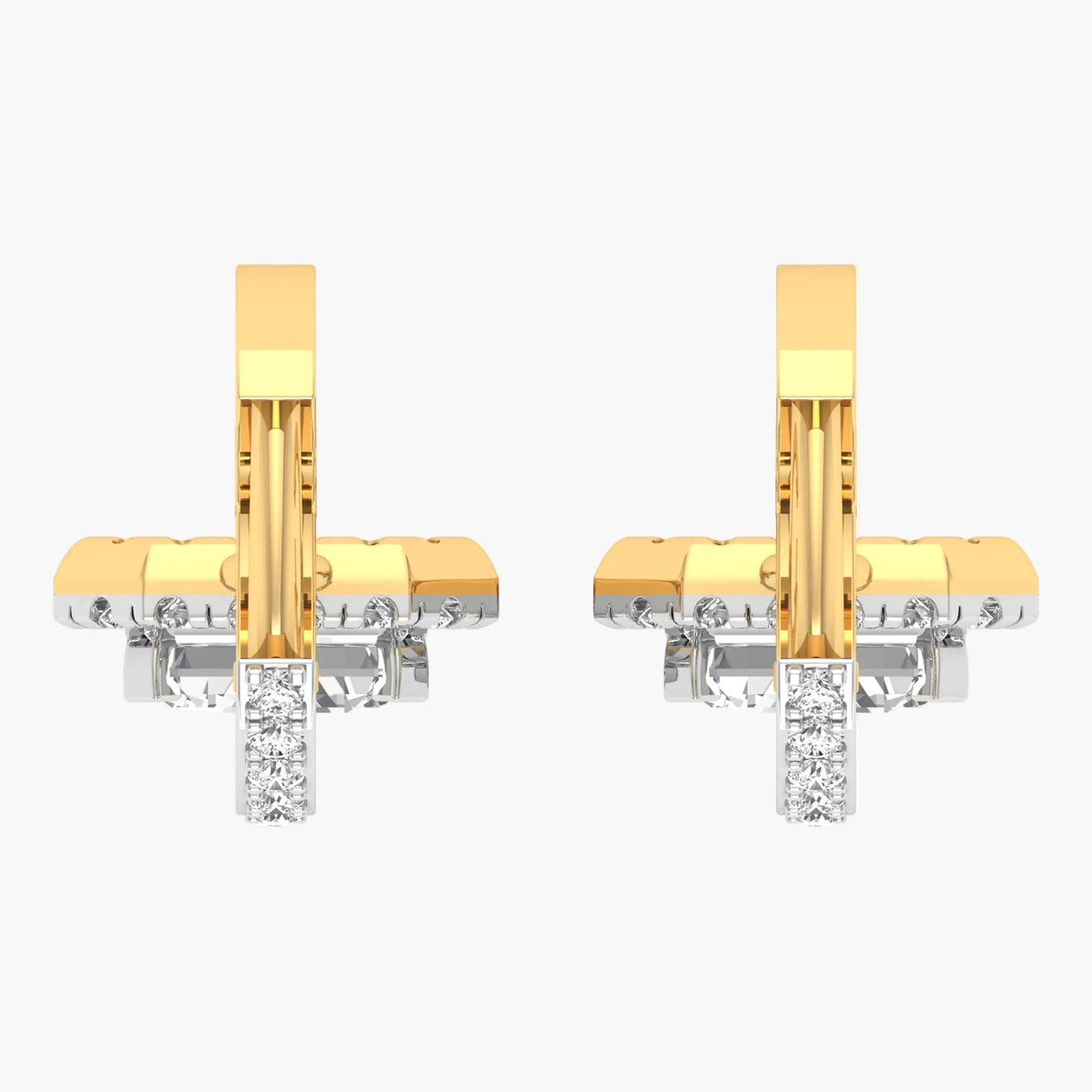 Gold and silver earrings with diamond accents on a white background