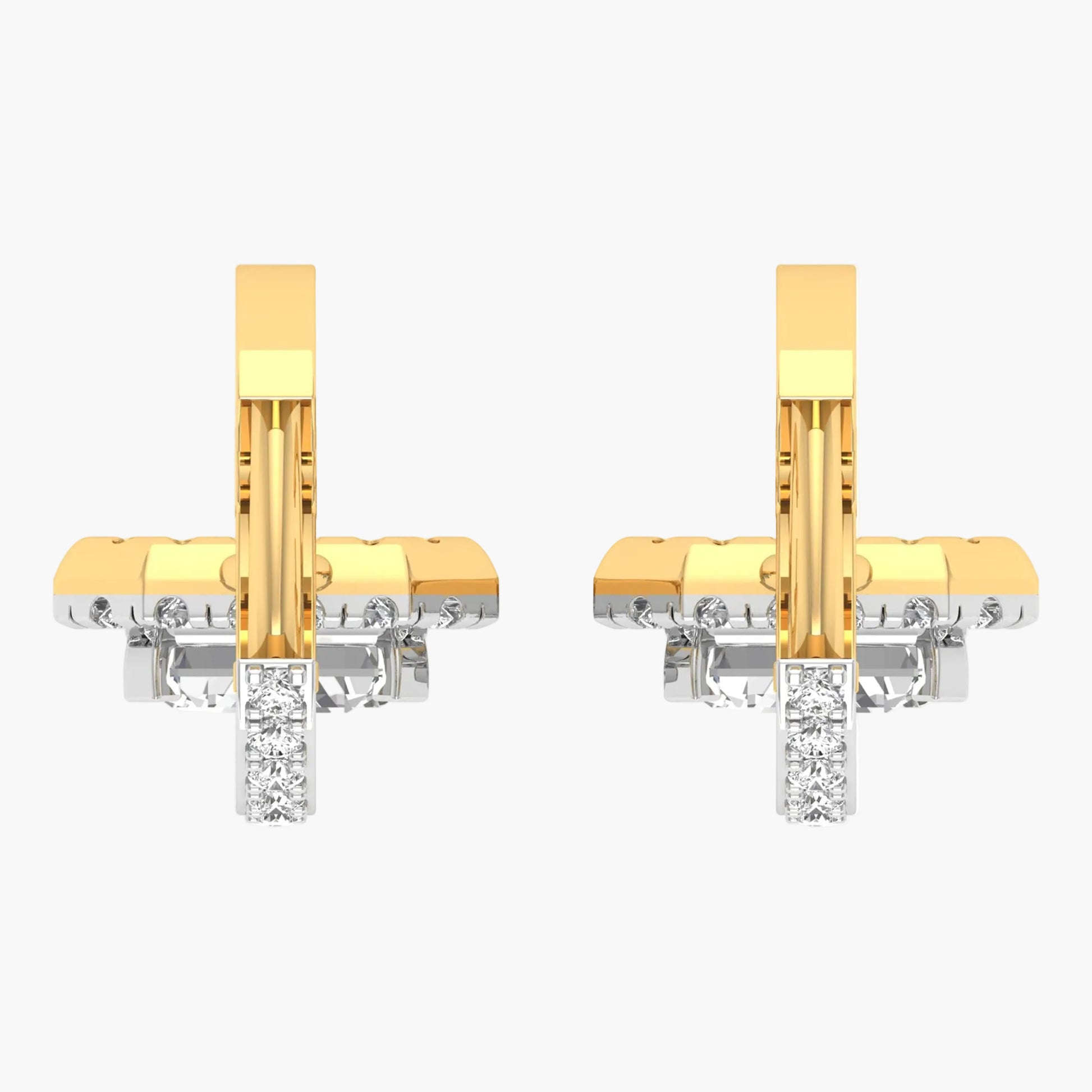 Gold and silver earrings with diamond accents on a white background