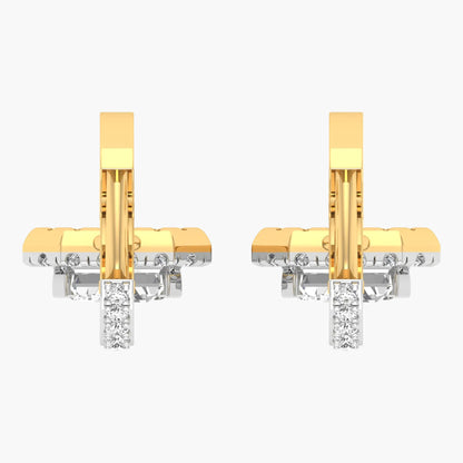 Gold and silver earrings with diamond accents on a white background