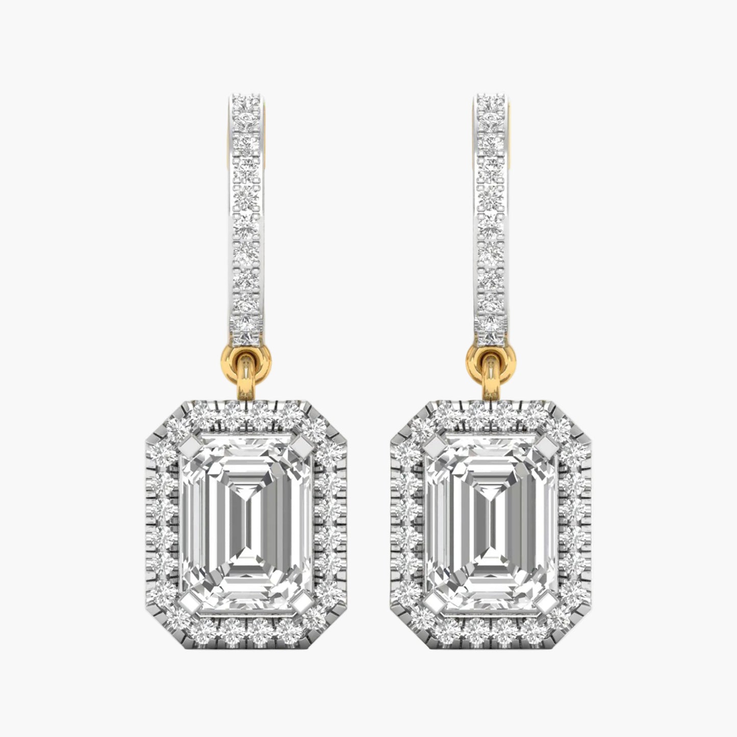 Diamond earrings with gold hooks on a white background
