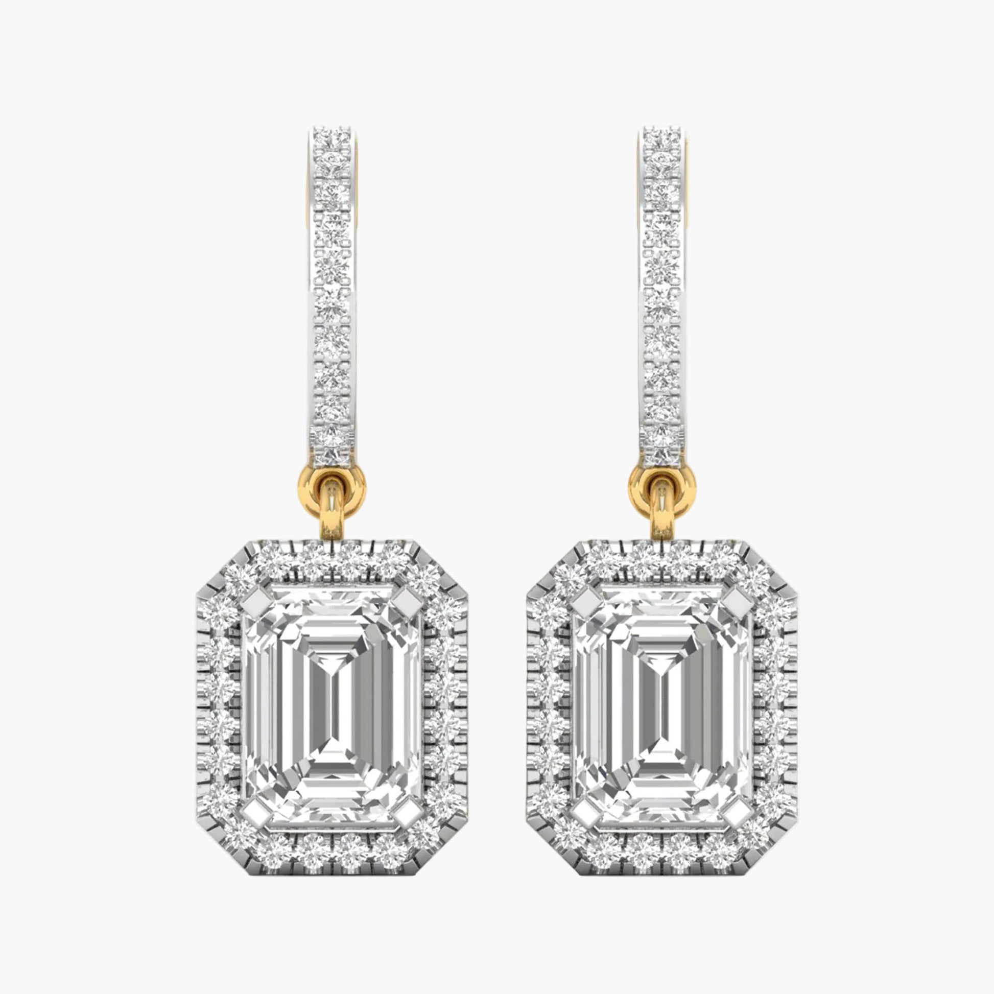 Diamond earrings with gold hooks on a white background