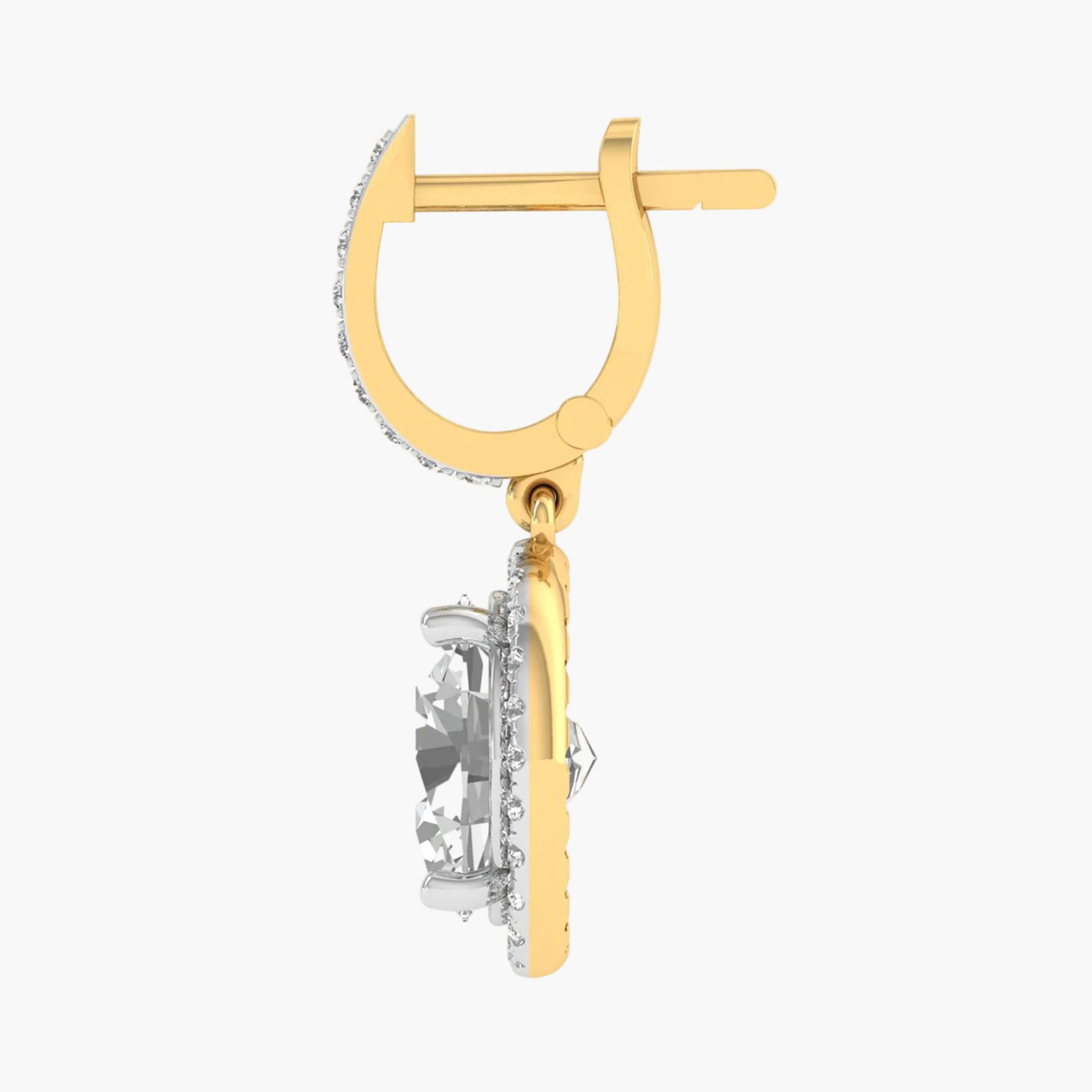 Gold earring with diamond accents on a white background