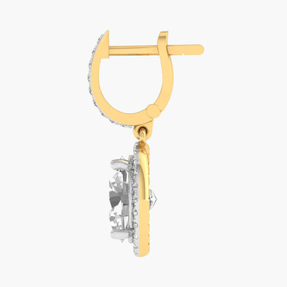 Gold earring with diamond accents on a white background