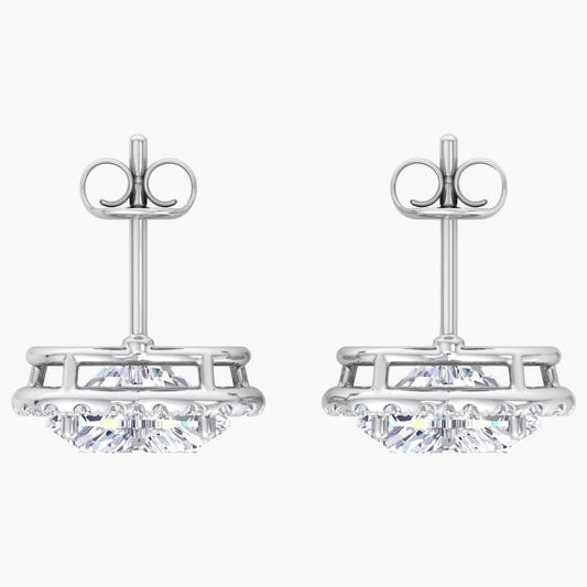 Pair of silver earrings with clear gemstones on a white background