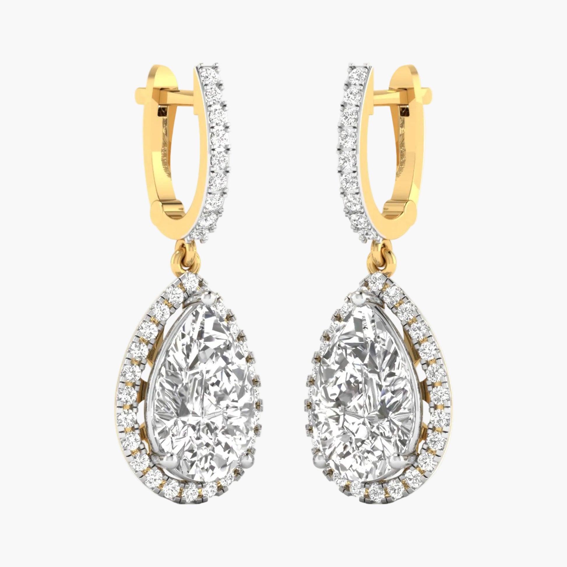 Gold hoop earrings with teardrop-shaped clear gemstones on a white background