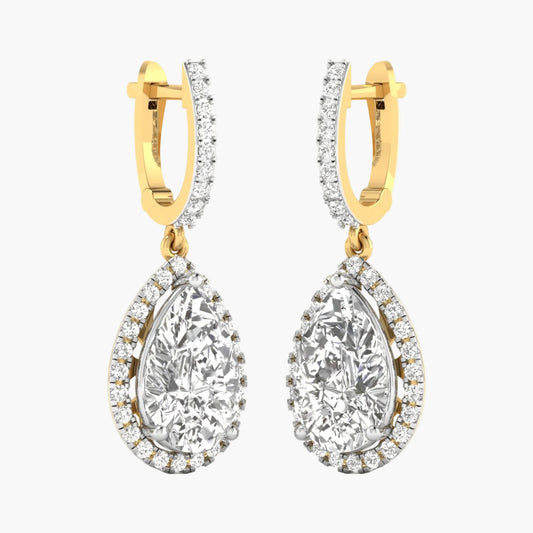 Gold hoop earrings with teardrop-shaped clear gemstones on a white background