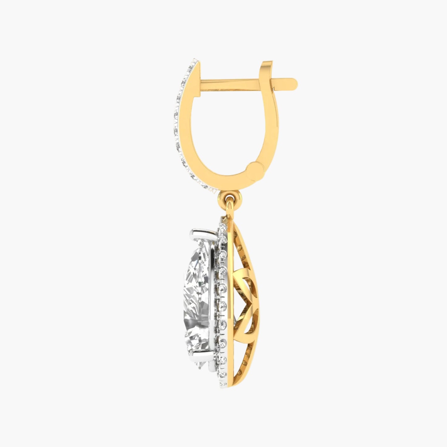 Gold earring with a clear gemstone on a white background