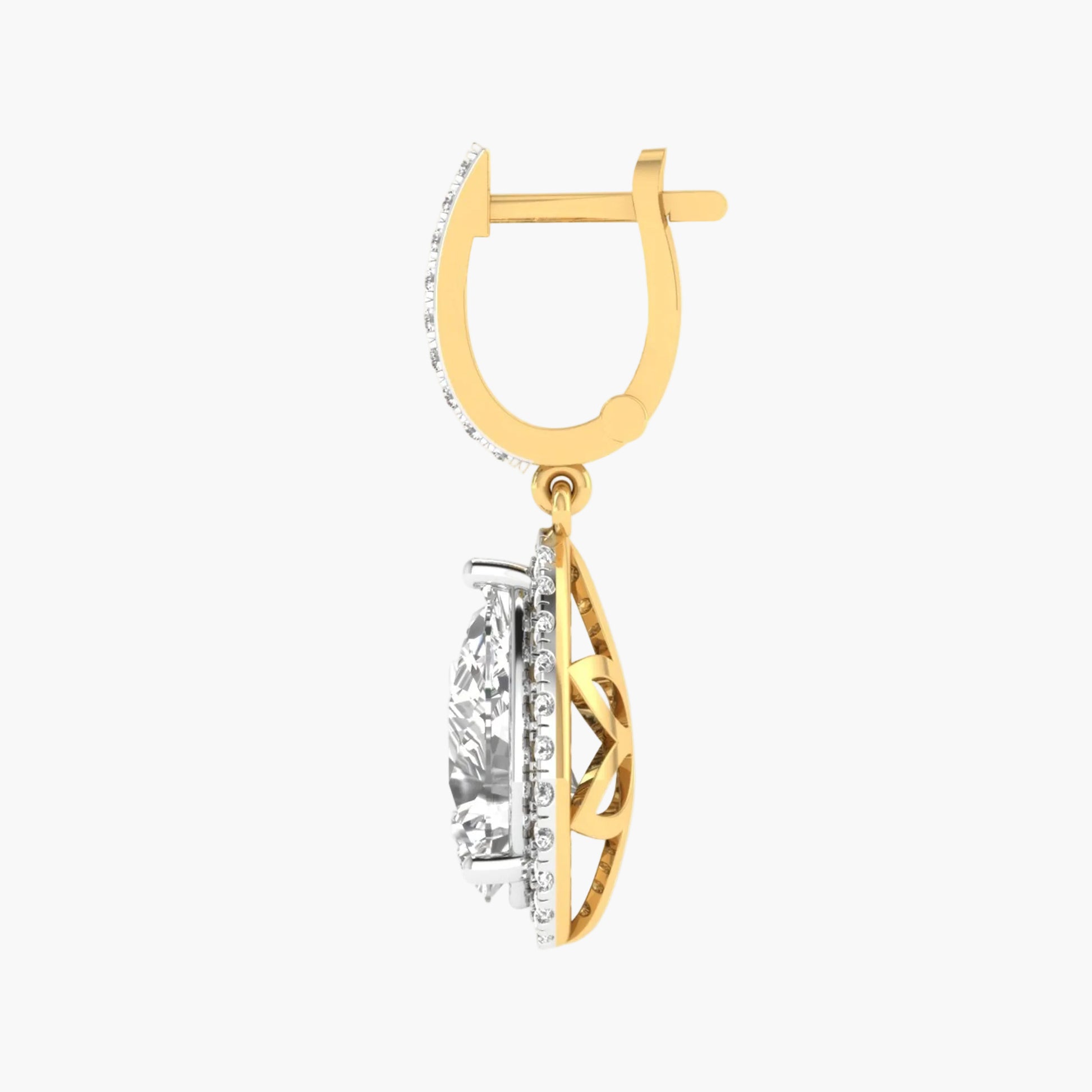 Gold earring with a clear gemstone on a white background