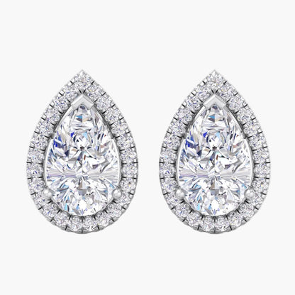 Pair of teardrop-shaped diamond earrings on a white background