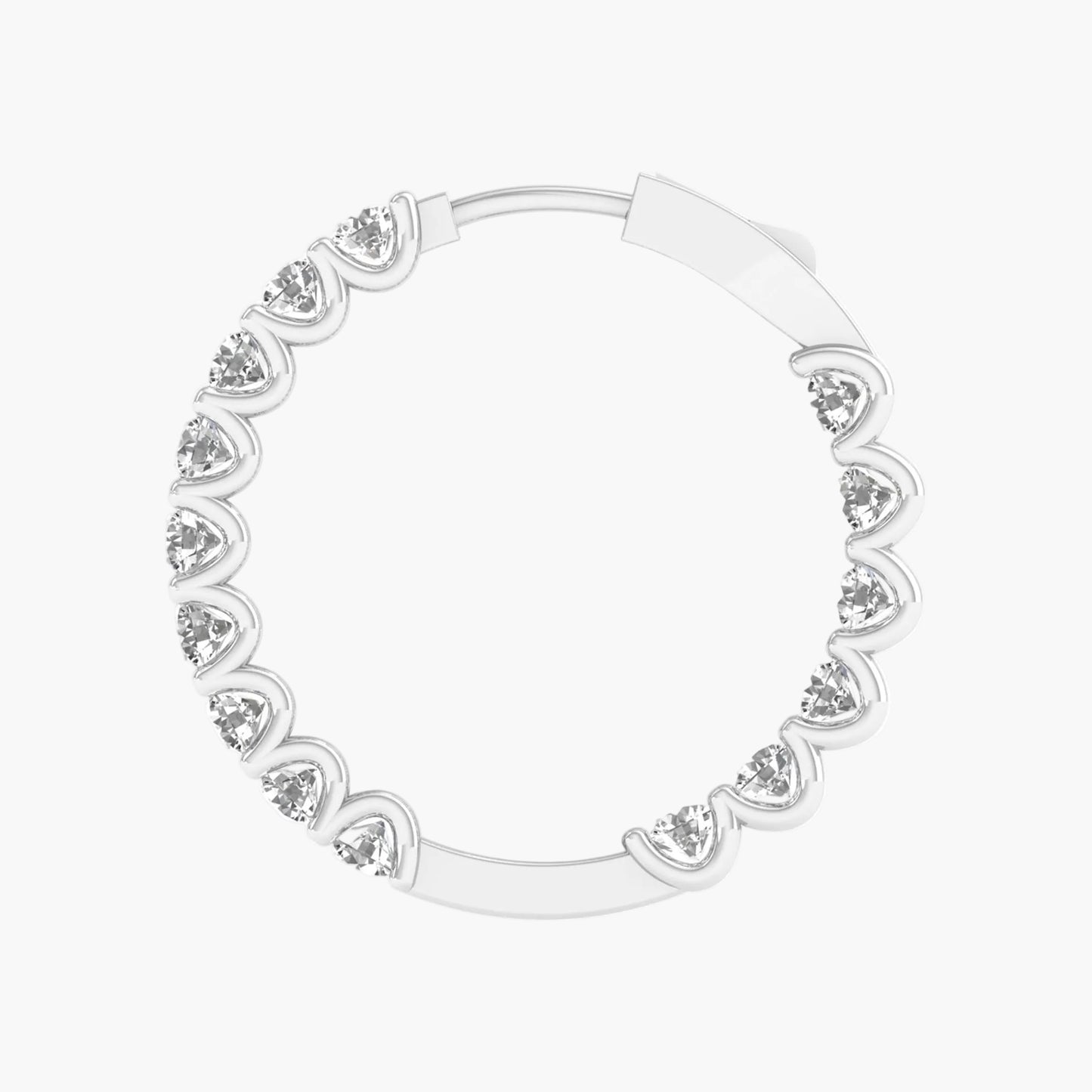 Silver hoop earring with heart-shaped gemstones on a white background