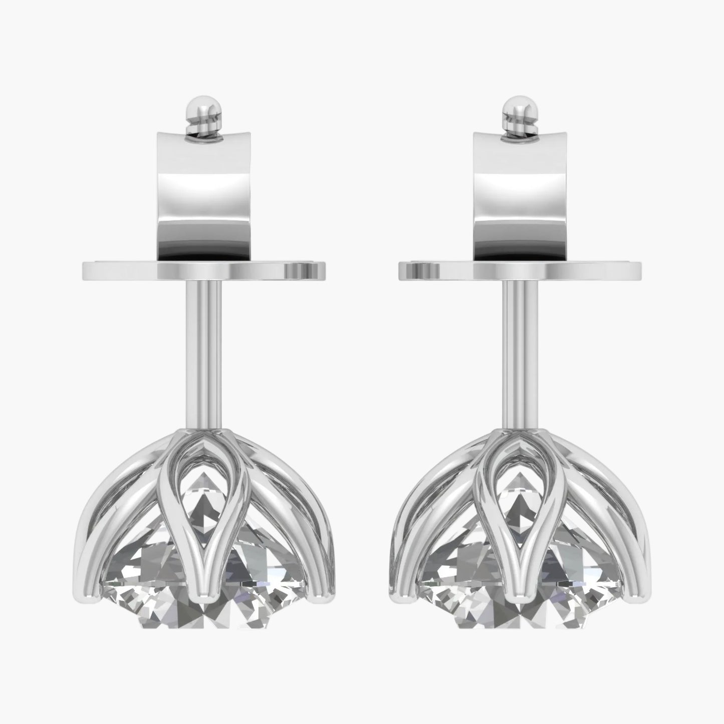 Pair of silver earrings with crystal-like tops on a white background