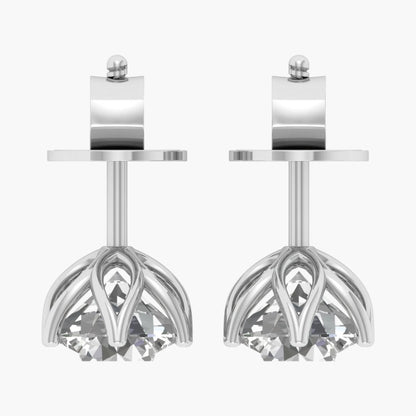 Pair of silver earrings with crystal-like tops on a white background