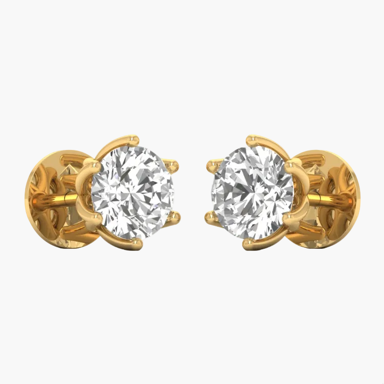 Gold earrings with clear gemstones displayed on a website interface.