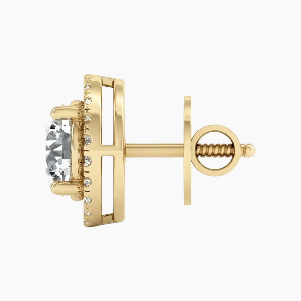 A single yellow gold stud earring shown in profile on a light gray background. The earring features a large round clear center stone surrounded by small accent stones set in a rectangular gold frame, with a post and screw-back clasp visible.