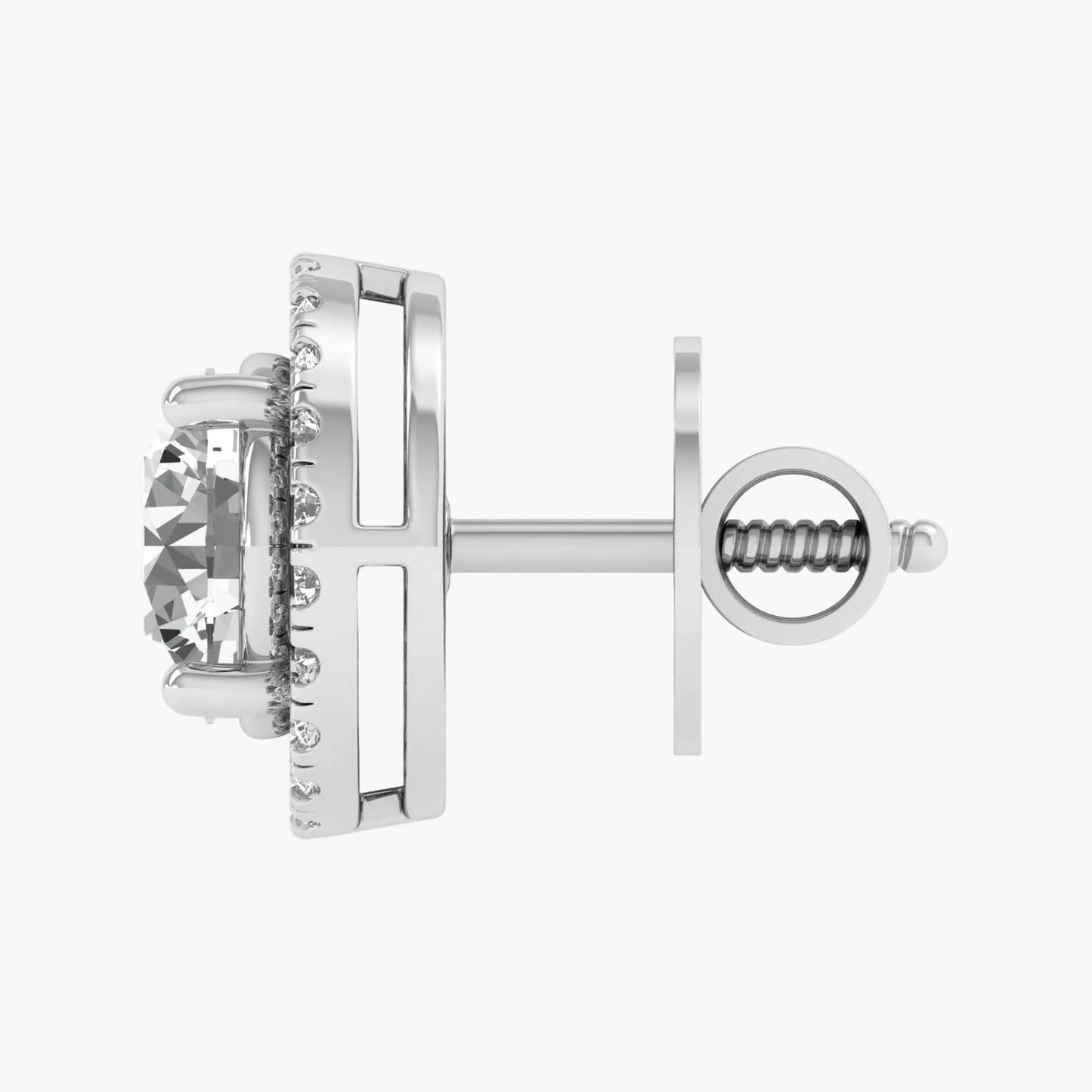 Silver earring with a clear gemstone on a white background