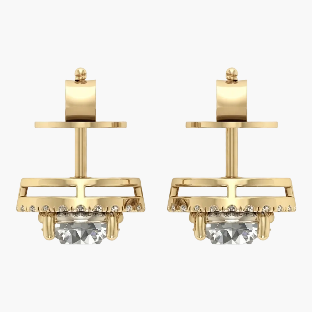 A pair of gold geometric stud earrings with a large clear marquise-cut center stone and small clear accent stones, shown on a plain white background.